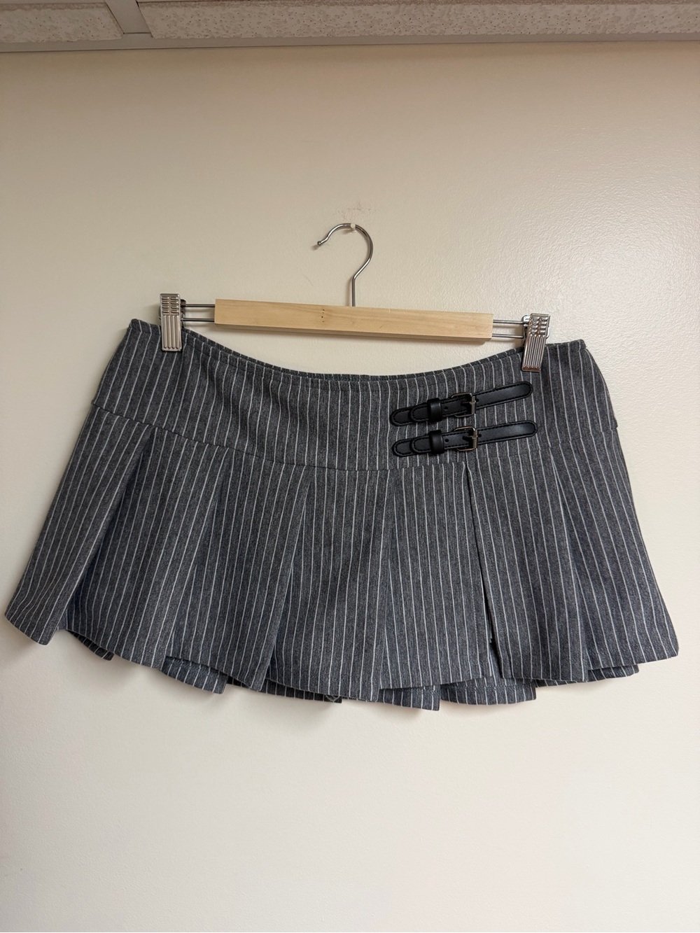 Urban Outfitters Pinstripe Pleated Mini Skort with Buckle Detail - Gray